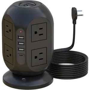 Surge Protector Power Strip Tower with 8 Outlets 4 USB Ports(1 USB-C), 10 FT Flat Extension Cord with Multiple Outlets,  Tower with Surge Protection for  Office Dorm Room Essentials