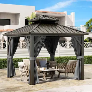 10'x10' Hardtop Gazebo, Heavy Duty Aluminum Permanent Hardtop Gazebo Outdoor Pavilion with Curtains and Netting for Garden, Gray (2 Packages)