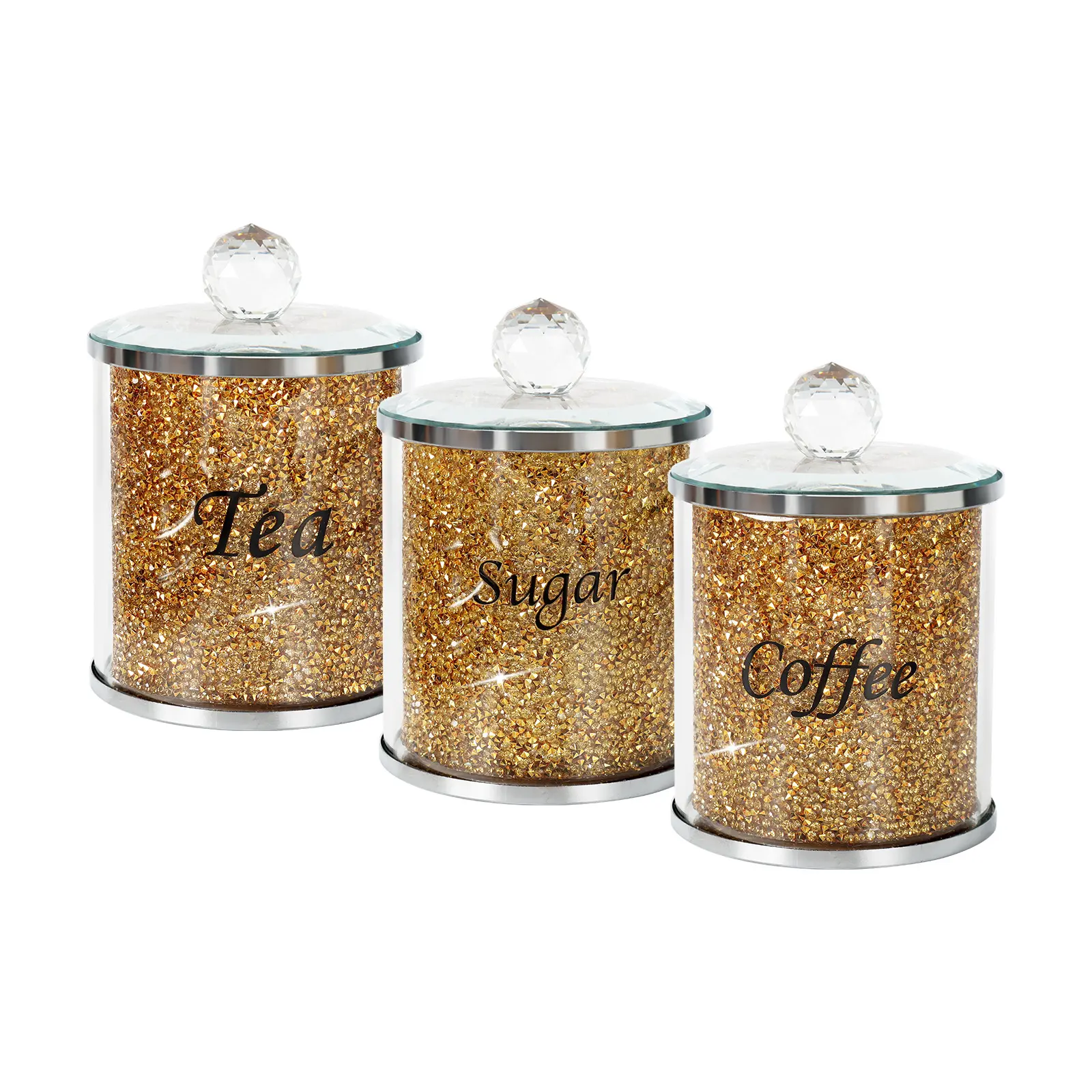 3-Pack Wide Mouth Modern Sleek Crystal Glass Kitchen Canister Set - Silver Lids, Labels, Crushed Diamonds, Round Corners, Food Jar Storage Containers, Compact Organizer for Coffee, Sugar, Housewarming Gift