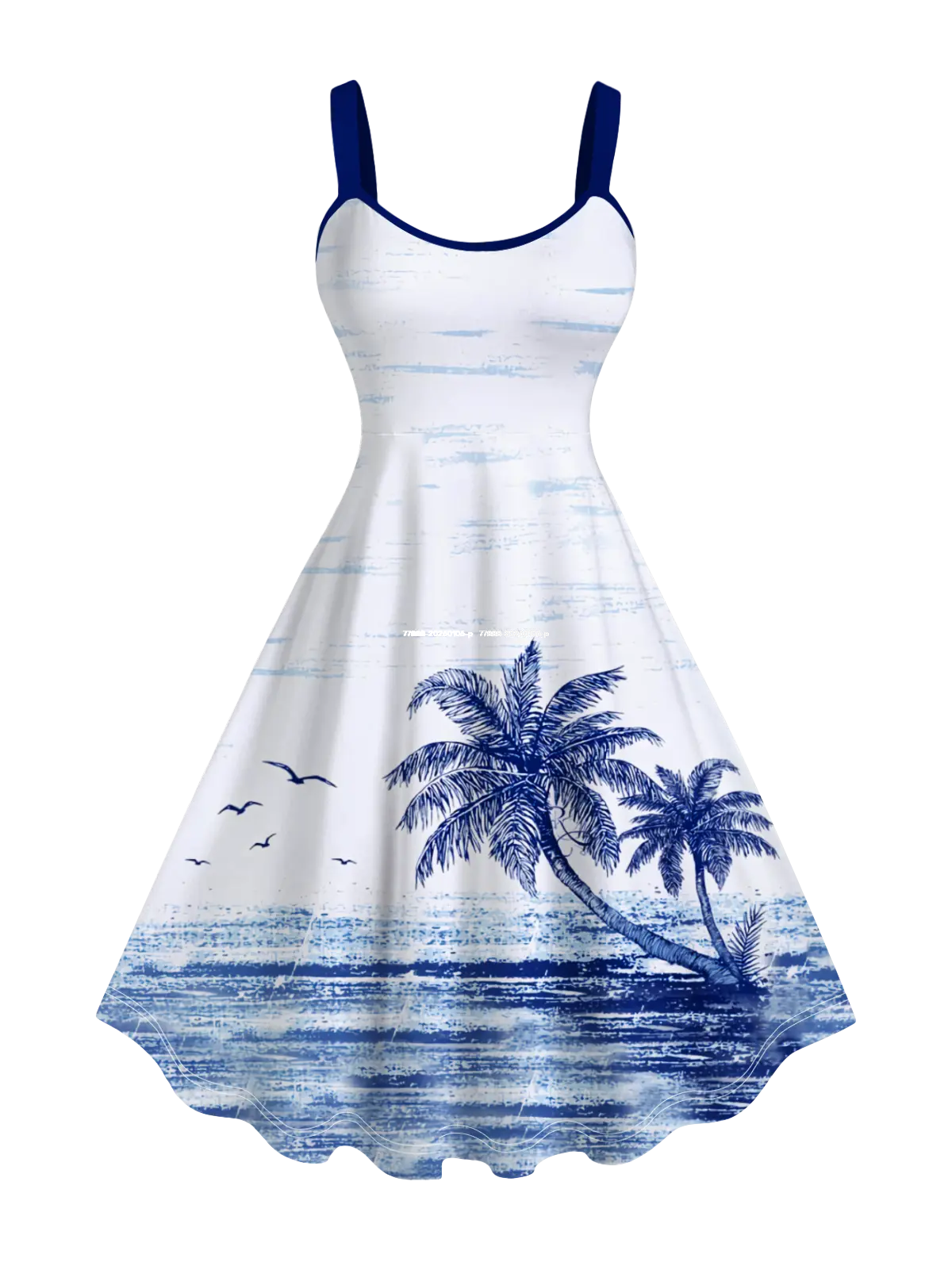 Rosegal Women's Plus Size Spaghetti Strap Pull-On Casual Wear Tank Dress - Sleeveless Seascape Casual Dress with Tropical Sea, Coconut Tree, Seagull, Cloud Print for Hawaii Beach Vibe, Seascape Casual Dresses backtoschoolshopping
