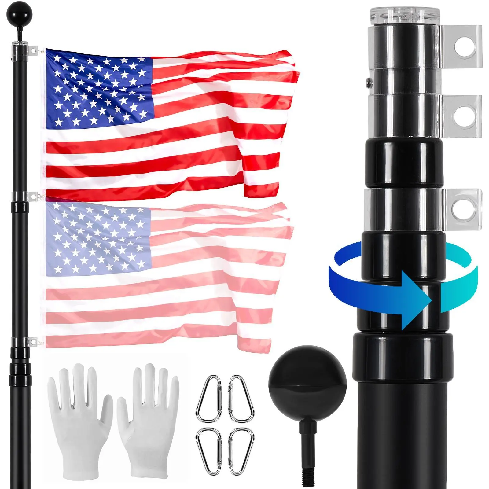 【SummerFinds】VEVOR 20FT Telescoping Flag pole Kit,  , Heavy Duty Aluminum Alloy in Ground Flag Poles for Outside, 3 Display Modes Flagpole with 3x5 American Flag, Professional Accessories, Black Banners Lightweight