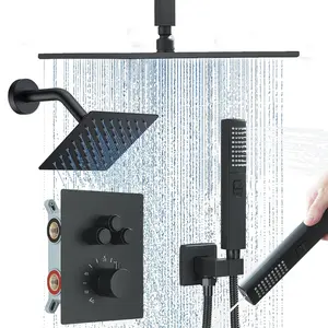 Thermostatic Matte Black Dual Shower Heads System with 12" Ceiling Mounted Rain Shower Head & 6" Wall Mounted Head Full Body Shower System, High Pressure Bathroom Shower Faucet Set with Handheld Sprayer, Thermostatic Mixing Valve