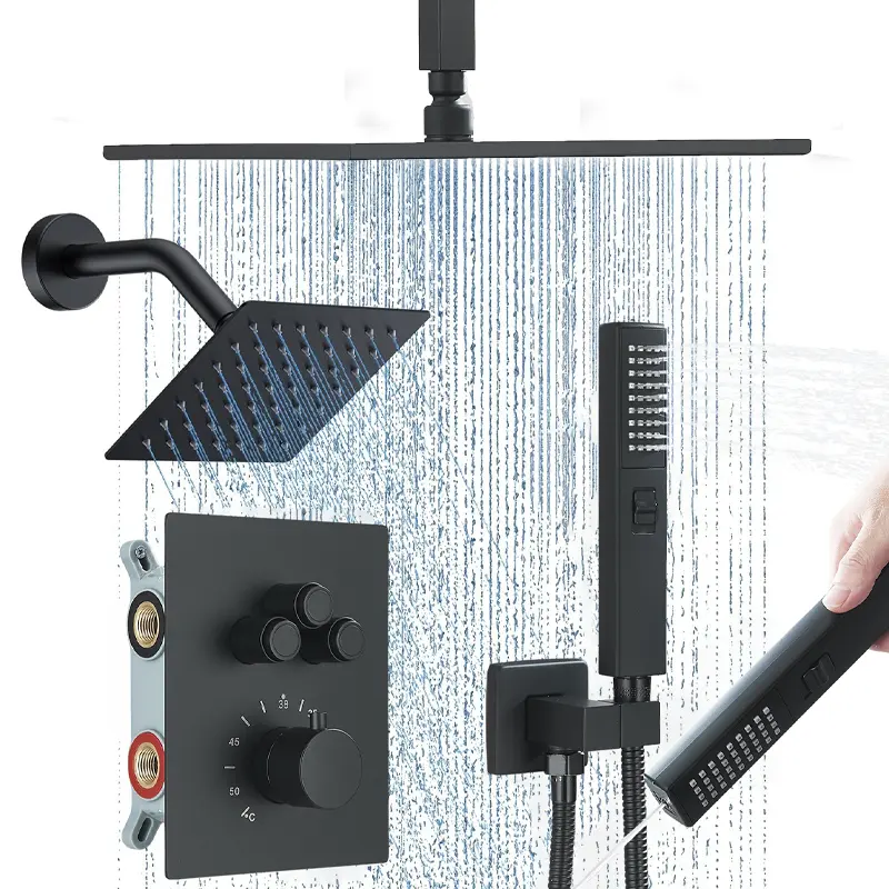Thermostatic Matte Black Dual Shower Heads System with 12" Ceiling Mounted Rain Shower Head & 6" Wall Mounted Head Full Body Shower System, High Pressure Bathroom Shower Faucet Set with Handheld Sprayer, Thermostatic Mixing Valve