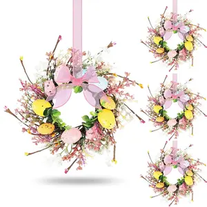 Easter Egg Candle Ring Wreath Set, Mini Artificial Spring Easter Berry Wreath, Hanging Front Door Kitchen Cabinet Decor, Includes Ribbon