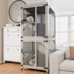 Outdoor Cat Enclosure Catio with Wheels, 71.2" Large Wooden Cat Cage, Multi-Level Cat House with Platforms, Lockable Doors & Removable PVC Tray