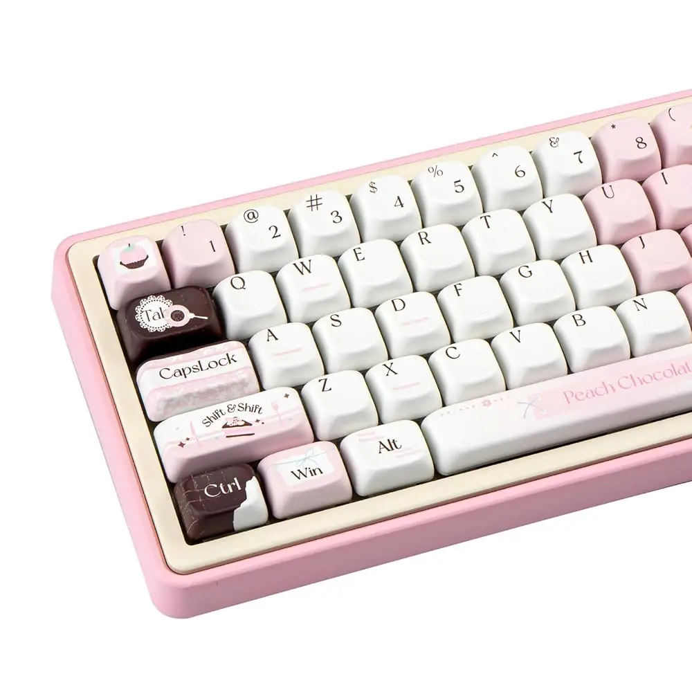 COOMICKEY FOA Profile PBT Keycaps, 130 Keys Cute Style Keycap Set with Lovely Cute Icons, Dye-Sublimation Craft, White Pink Aesthetic Theme, Universal Fit for 60% 65% 75% 80% 100% US Layout Keyboards, Compatible with Cherry MX Switches Mechanical summe