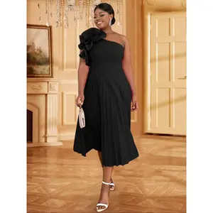 【Plus Size】 Floral Design One Shoulder Bubble Sleeve Bustle Dress, Elegant Fashion Casual Ruffle Trim Evening Party Gown, Women Plus Clothing for All Seasons