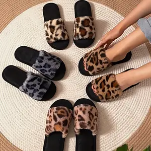 Women's Leopard Print Fuzzy Slides |   Soft Fluffy Open-Toe Slippers |   Comfortable Non-Slip Thick Sole Casual House/Outdoor Shoes (Trendy Animal Print Style)