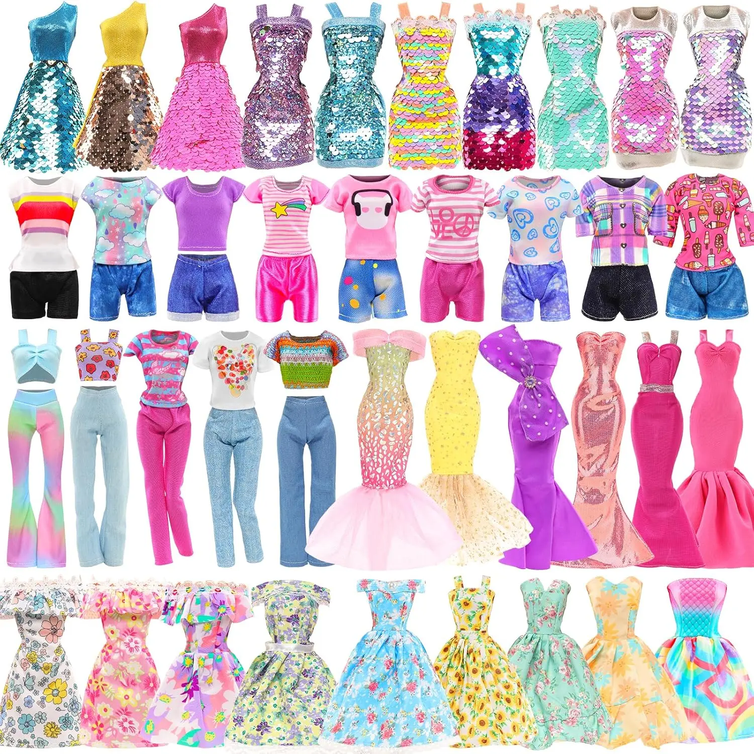 11 Sets Doll Clothes for 11.5 Inch Girl Dolls, 2 Sequin Dresses, 5 Mermaid Floral Dresses, 4 Casual Doll Outfits with Tops & Pants, Fashion Doll Accessories, Dress Up Toy Gift for Girls
