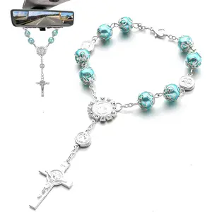 Car Rosary for Rearview Mirror, Personalized Blessing Hanging Pendant for Car Rear View Mirror, Cross Rosary Ornament Interior Decor for Most Vehicles, Car Accessories (Blue)