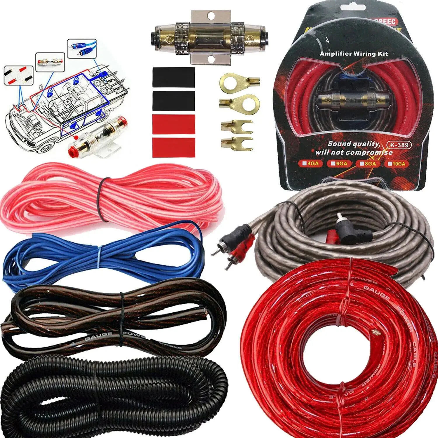 Complete 4 Gauge Car Audio Cable Kit 2300W, Amplifier Subwoofer Wiring Set with RCA, Power Ground Wire, 60A Fuse and Installation Accessories Car Stereo Upgrade