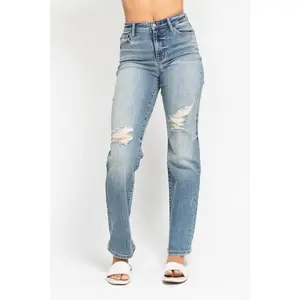 Judy Blue Women's High-Waist Harsh Tint & Destroy Straight Dad Denim Jeans 82641 - Cotton-Spandex Blend, Comfy, Street Style Vibe