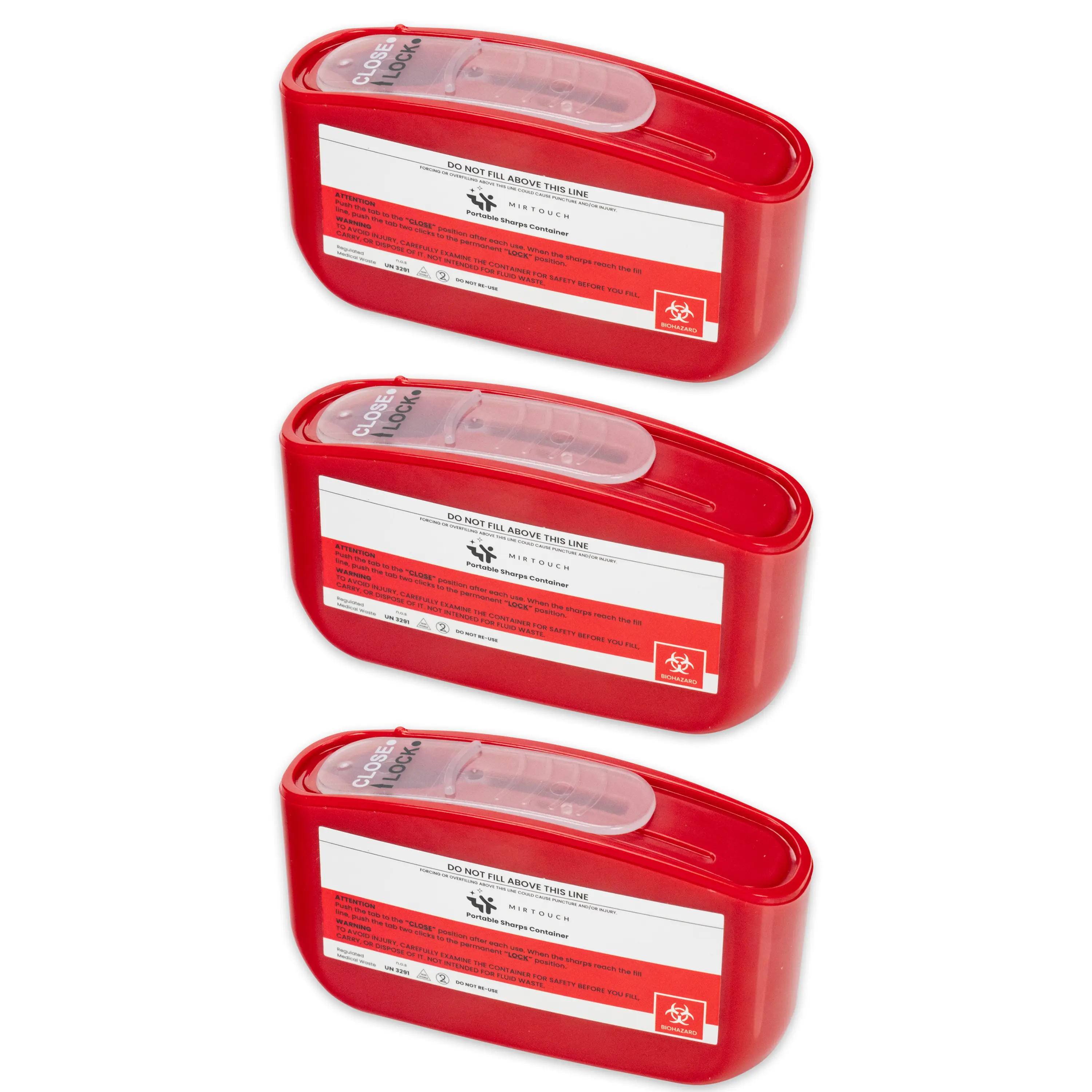 MirTouch Pocket Sharps Container (3-Pack) for Needle & Syringe Disposal Small & Portable, Built-In Needle Removal Port, Temporary Safety Closure, Clear Lid, Ideal for Home, Travel & Professional