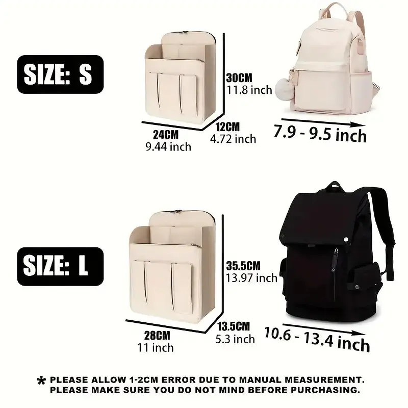 Backpack Organizer Insert - Heavy-Duty Nylon, Sturdy Frame, Reinforced Seams, Multiple Compartments, 3 Sizes Available for Travel, School (S-Size Option Included)