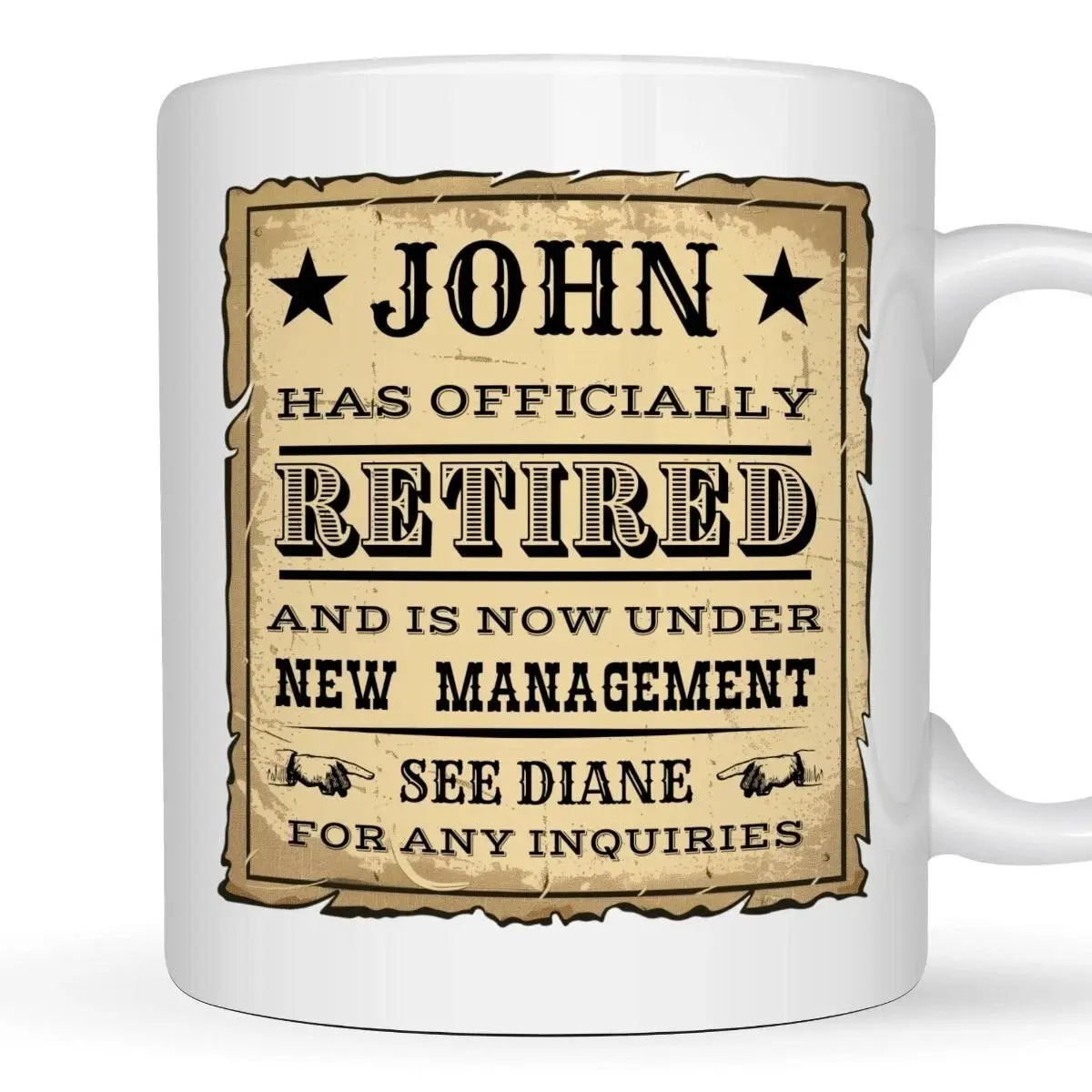 Custom Name Retired Mug, Funny Retirement Day Gift for Coworker Boss Dad Husband, Office Farewell Coffee Cup, New Management Joke Mug