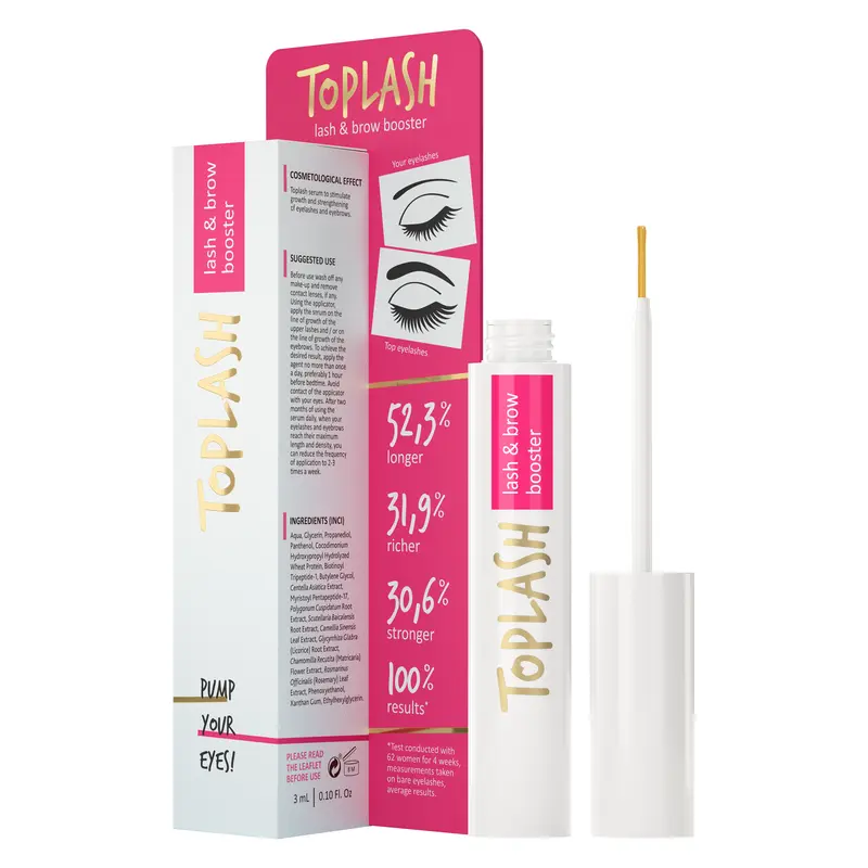 Toplash Eyelash & Eyebrow Growth Serum with Biotin & Peptides - Hypoallergenic Lengthening Formula, Eyelash Lengthening Serum, Lash Enhancing Eye Treatments, Long Lashes Eye Treatments - 3 ml (3 Month Supply) Bottle, Apply Nightly