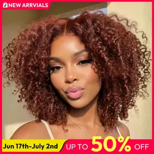 UNice 250% Density Reddish Brown Fluffy Layer Kinky Curly with Burmese Curly Ends Wig No Slip Glueless Pre-cut 7x5 HD Lace Closure Human Hair Wigs with Layer Finger Coil Ends 16inch Beginners Friendly Natural Looking summer wig