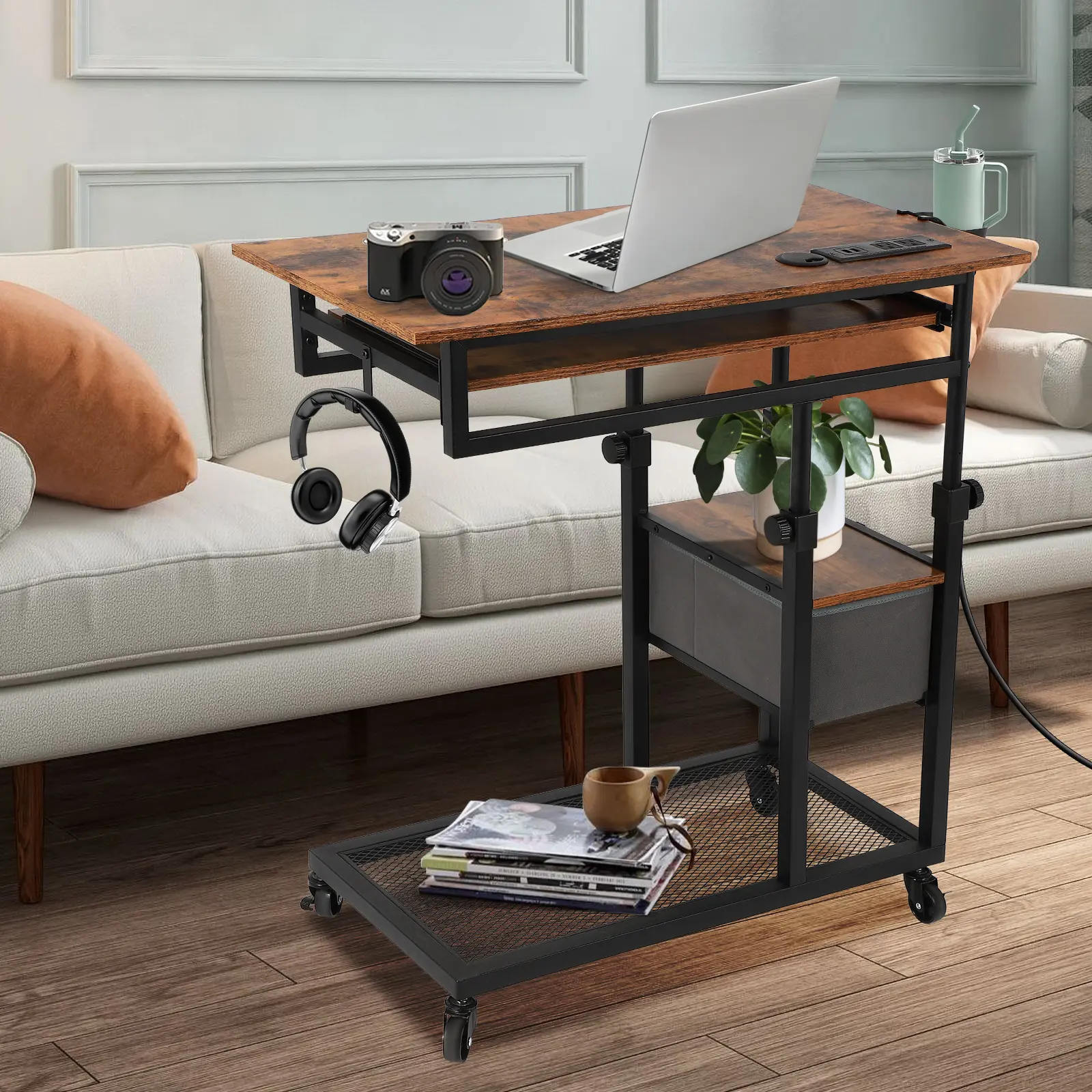 Vintage Wood Finish C-Shaped Multipurpose Table with Metal Frame - Space Saving Furniture for Tiny Apartment Tiny Living, Suitable for Living Room, Bedroom Sofa Side Use, Modern Furniture