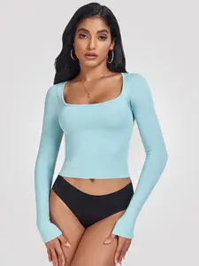 Women's Shapewear Tops Long Sleeve Square Neck Ribbed T-Shirt Seamless Slim Sexy Casual Solid Basic Crop Tops Casual Fashionable Top
