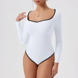 OQQfitness Womenswear Sweetheart LongSleeve Casual Top Fall Fashion Bodysuits Minimalist Contrast Binding Shirt Going Out Basic Outfit