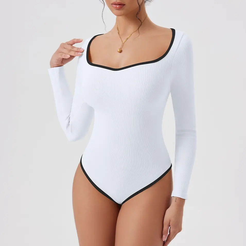OQQ Women's Sexy Sweetheart Neck Bodysuit, Stretchy Long Sleeve Minimalist Shirt with Contrast Binding, Going Out Fall Fashion, Bodysuits, Thanksgiving, Nylon, Lady, Valentines Day, Lightweight, New Year, One Piece, Plain