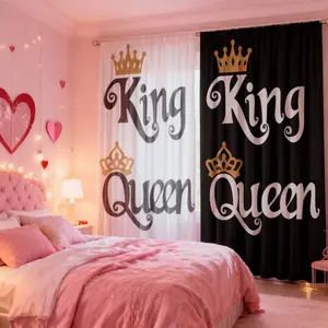 Two-pack of large double crown print curtains, black, white, and gold, artistic decorative curtains, suitable for bedrooms, living rooms, kitchens, rod pockets, polyester, 90g fabric, washable, fade-resistant, light-filtering, unlined.