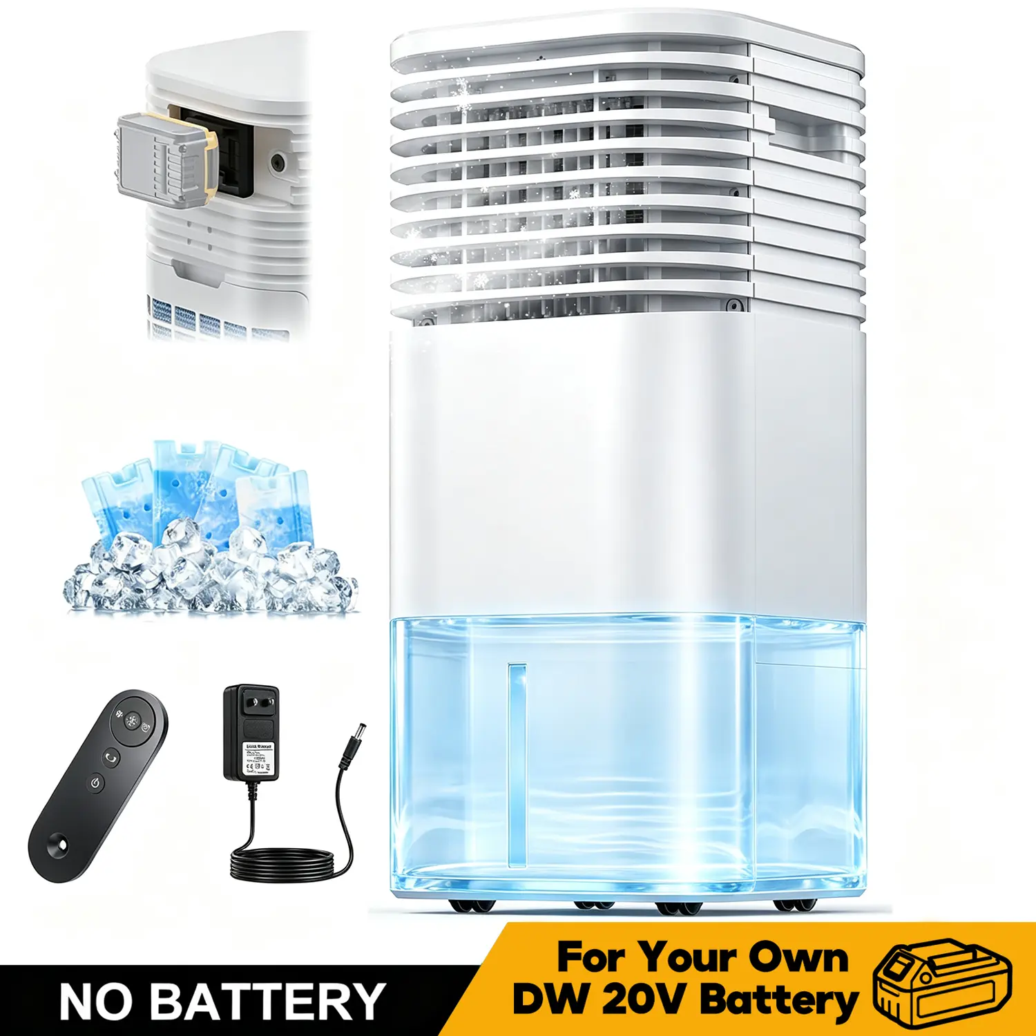 Portable Outdoor Evaporative Air Cooler for DeWalt 20V Max Battery, 24.4 Inch Cordless Swamp Cooler Fan, AC/DC Dual Power Windowless Cooling Fan, 3 Wind Speeds 4 Cooling Modes, Remote Control & 4 Ice Packs, White, Tool Only (Battery Not Included)