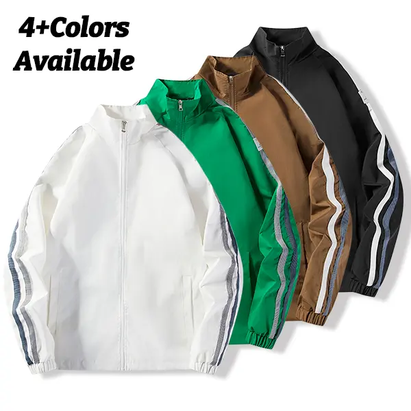 Men's Casual Full-Zip Track Jacket - Unisex Loose-Fit Windproof Windbreaker, Retro Campus Sports Athletic Coat, Side Stripes Detail, Lightweight Streetwear for Autumn & Spring, 4+ Colors Long-Sleeve Tops, Outdoor