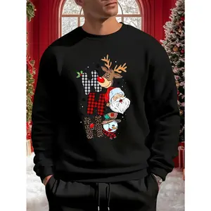 Men's Christmas Sweater with Santa, Reindeer & Elf Print - Soft Breathable Polyester Loose Fit Pullover, Grey Holiday Sweater Vest for Xmas Parties, Casual Winter Wear (Machine Washable) - Rudolph & Snowman Design