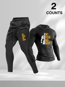 Men's 2 Piece Workout Set - NO PAIN NO GAIN Compression Hoodie & 2-in-1 Running Tights, Gym Outfit for Fitness Training Bodybuilding, Athletic Tracksuit for Men, Fitness Outfits, Sports Clothing Set