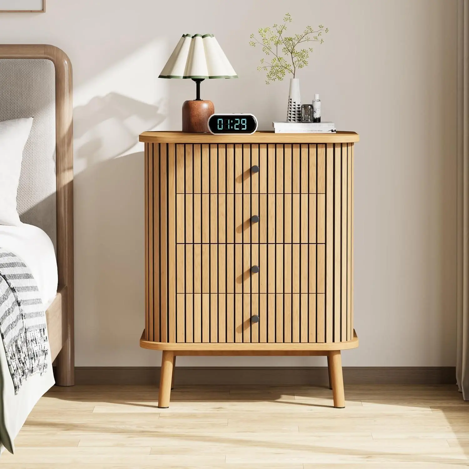 4-Drawer Boho Wicker Dresser - Single Unit MDF Bamboo Furniture with Matte Black Handles, Wood Legs, Large Storage for Bedroom, Living Room