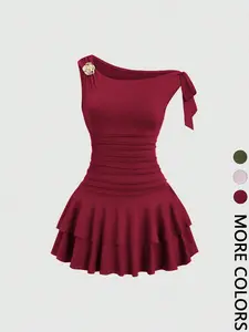 Women's Asymmetric One Shoulder Mini Dress, Detachable Metal Flower Embellishment, Shoulder Tie Detail, Ruched Waist, Layered Ruffle Hem, Multiple Color Options, Stretchy Knit Fabric, Date Night