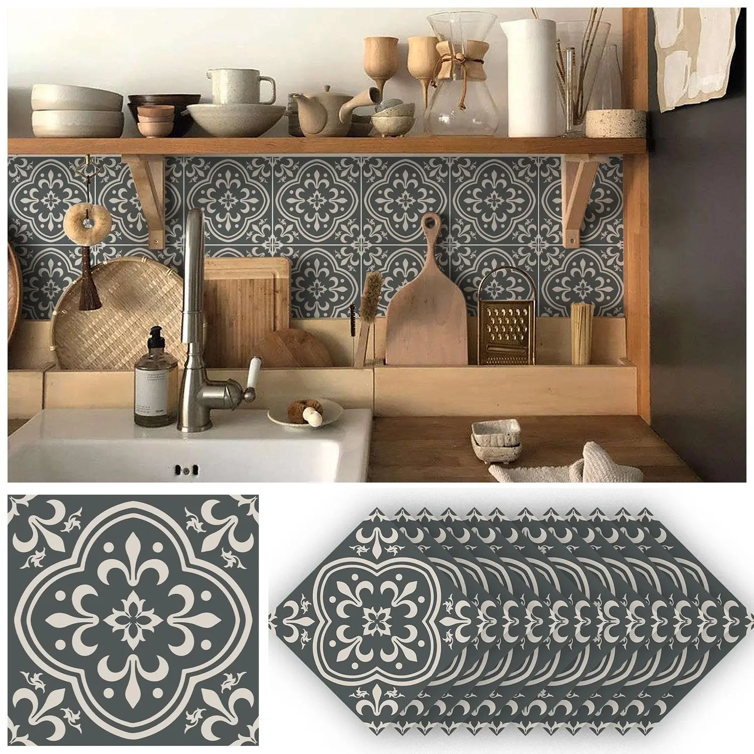 12pcs Classic Decorative Iris Texture Tile Wall Stickers, Vintage Thick Waterproof Bathroom Kitchen Backsplash Self-Adhesive Removable Wallpaper