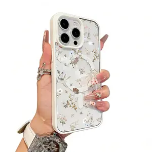 Magnetic Protective Case for iPhone 17 16 E Pro Max 15 Plus 14 13 12 11 XS XR, Girly Neutral Floral Design |   Shockproof, Silicone, Stylish, Trendy, and Scratch Resistant