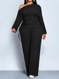 Women's Elegant Two-Piece Set, Fall & Winter Casual, Long Sleeve Drawstring Top & High Waist Wide Leg Pants, Plus Size