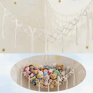 Macrame Stuffed Animal Hammock with Tassels, Large Corner Toy Storage Net with Wall Anchors & Hooks, 100% Cotton Plush Toy Organizer for Kids Room, Nursery, Bedroom Wall Decor, Hanging Toy Net, Single Pack, White