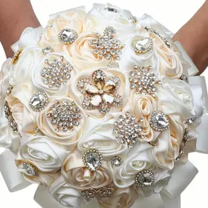 Satin flower bouquet with crystal details for special events and quinceañeras &Novia