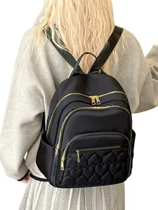 Heart Quilted Nylon Backpack, Multi-Zip Design, Waterproof, Large Capacity, Ideal for Students, School, Commute, Backpack for Work