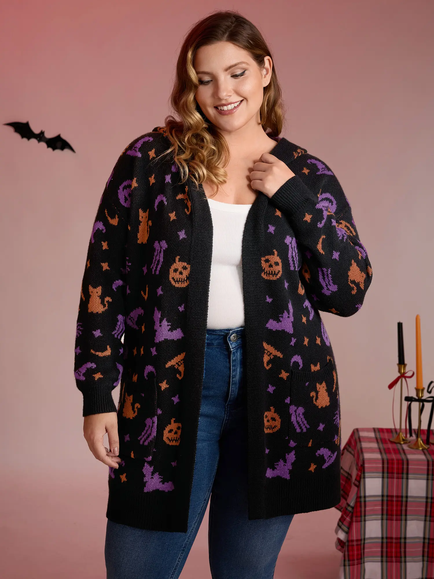 BloomChic Women's Plus Size Longsleeves Hooded Halloween Cardigan - Oversized Pumpkin Print Soft Knit Open-Front Top with Pockets