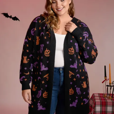 BloomChic Halloween Party Print Hooded Pocket Cardigan 【M-6XL】