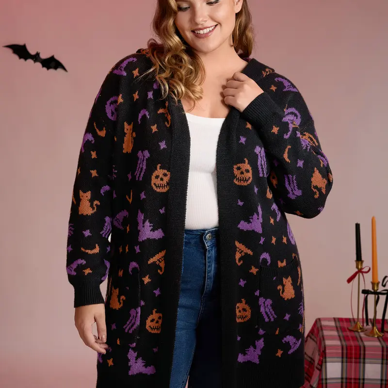BloomChic Halloween Party Print Hooded Pocket Cardigan 【M-6XL】