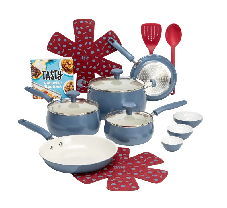 Tasty Clean Ceramic 16 Piece Non-Stick Aluminum Cookware Set, Slate Blue
