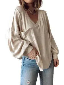 BTFBM Women's Casual Basic V-Neck Ribbed Knitted Shirts Pullover Tunic Tops Loose Balloon Sleeve Blouses Top