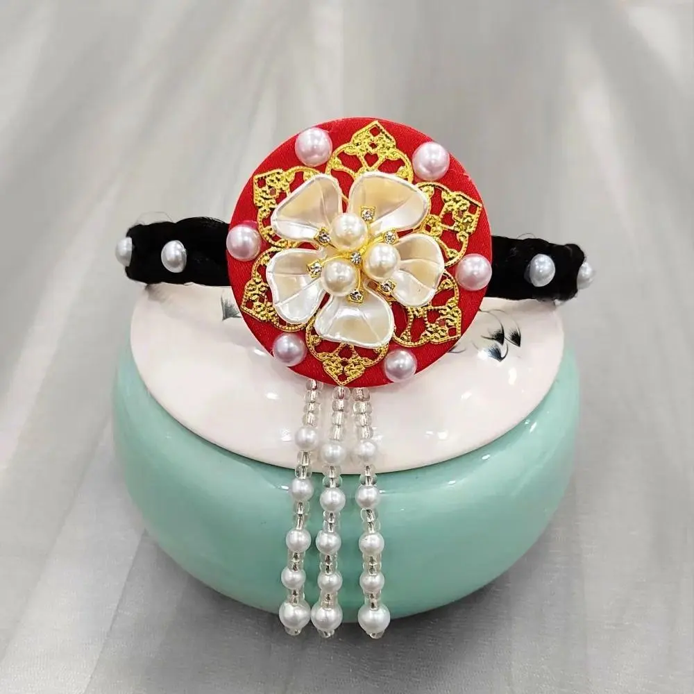 Retro Korean Ethnic Headband with Satin Flower and Pearl Tassels, Female Fashion Accessory for Stage Performance, 15x12x6cm, Floral, Gold, Headdress, Female Use