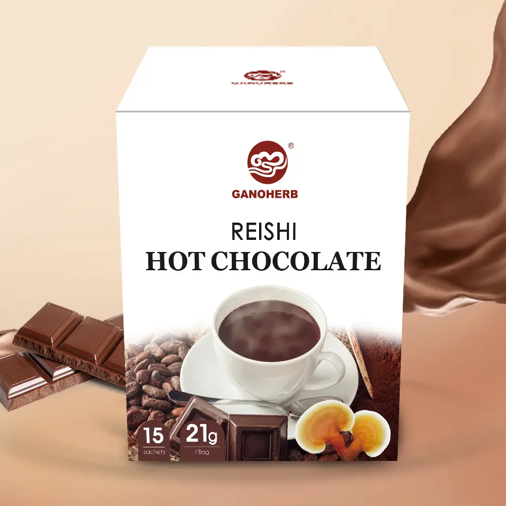 GANOHERB Reishi Mushroom Hot Chocolate (Reishi Cocoa) - 15-Sachet Box, Adaptogen Blend with 6 Ingredients, Rich Silky-Smooth Texture, Full-Bodied Flavor, Supports Energy, Focus & Immunity, Ideal for Travel, Office, Adults