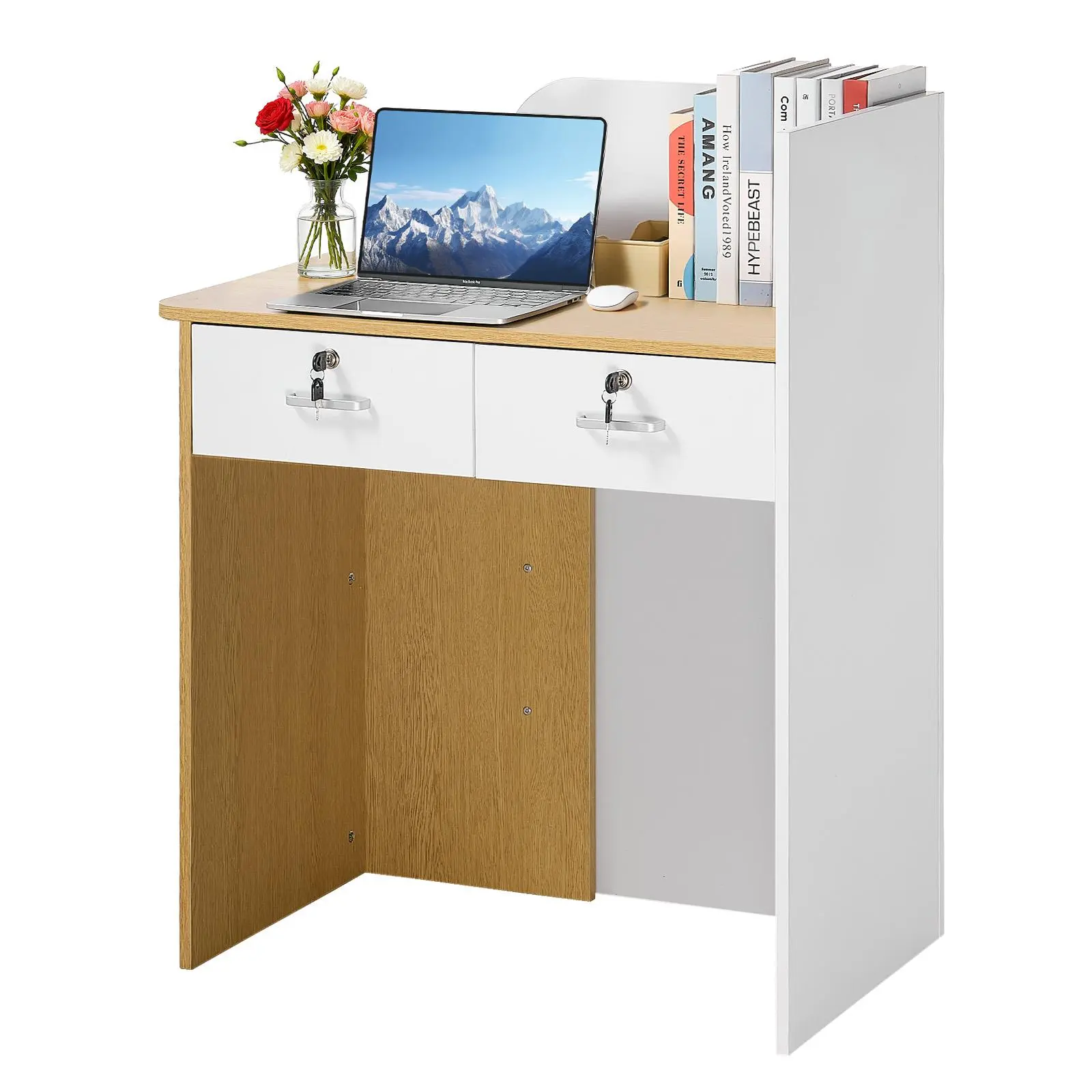 【SummerFinds】VEVOR Reception Desk, 31.5 inch Rectangular Front Counter Table, Modern Office Reception Desk with LED Light, 2 Drawers & Power Outlets, Retail Counter Table for Checkout, Lobby, Beauty Salon, Office