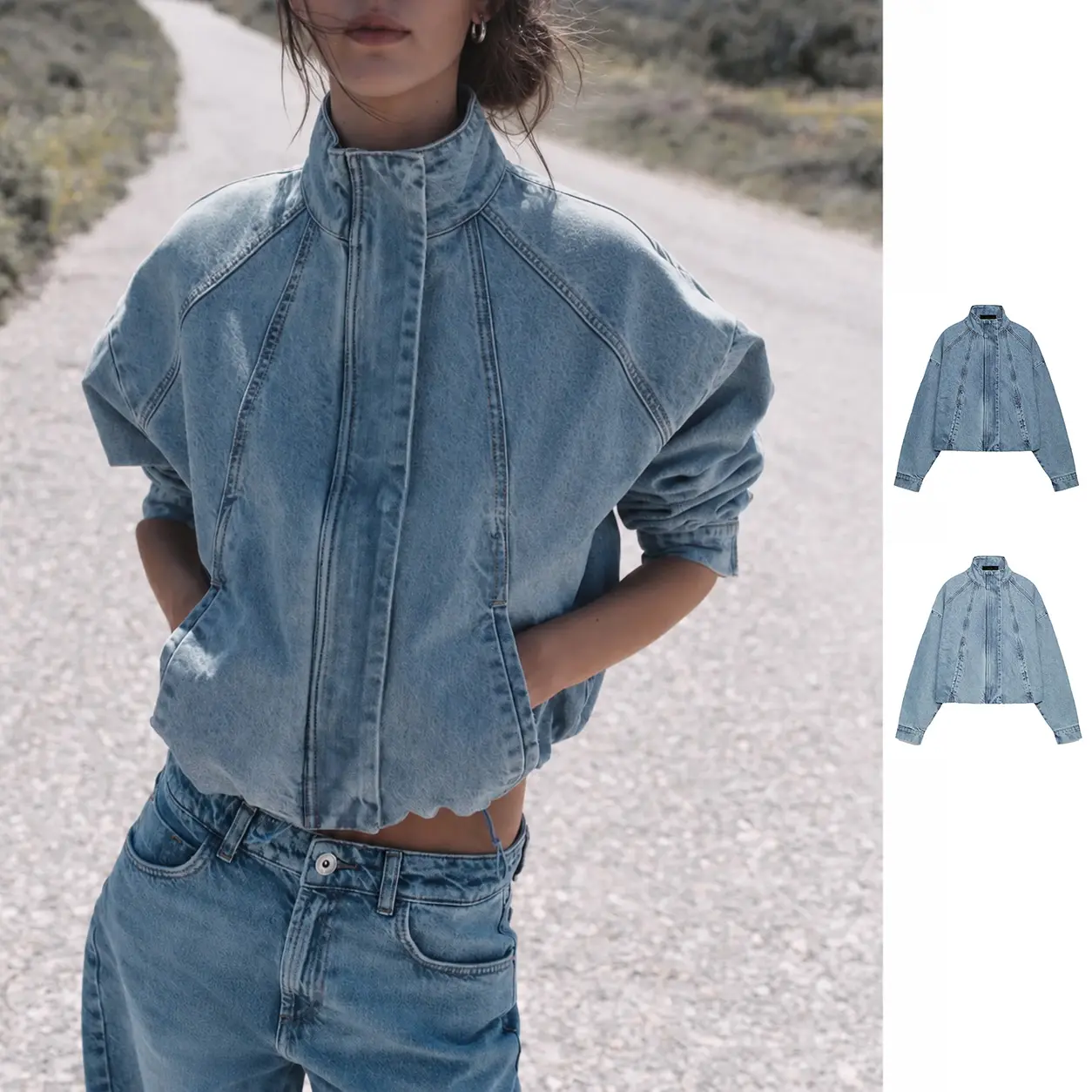 Wandal Women’s 100% Cotton Cropped Short Denim Bomber Jacket - Oversized Light Wash Jean Jacket, Stand Collar, Front Zipper, Drop Shoulders, Casual Streetwear for Fall Winter Outerwear