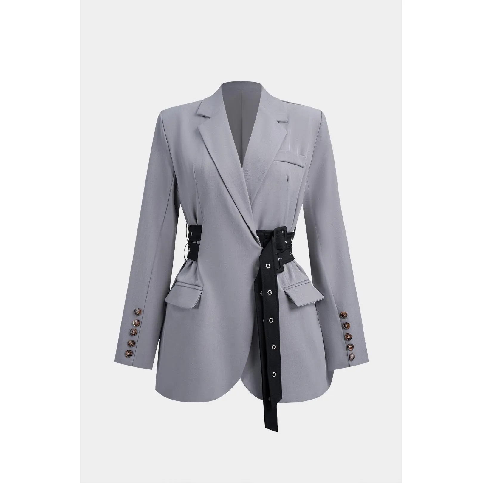 Women's Basic Fitted Long Sleeve Blazer, Solid Polyester-Elastane Blend Fabric, Tie-Up Waist Cinching, Office/Work Wear