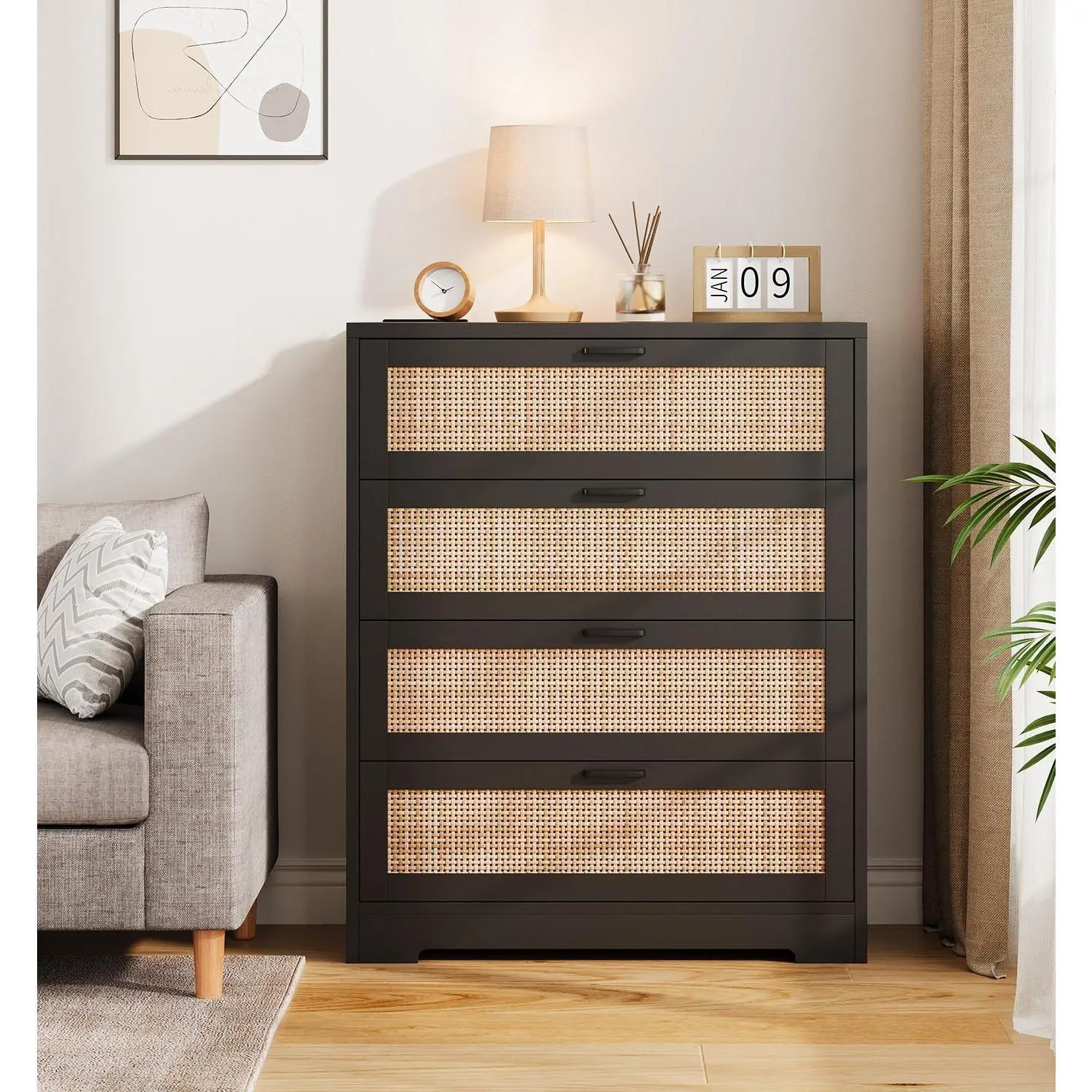 Garvee Sturdy Tall 4-Drawer Wood Rattan Dresser - Solid Base, Large-Capacity Floor-Standing Storage Cabinets, Handwoven Panels, 15.75"d x 31.49"w x 38.58"h Chest for Bedroom Linen Closet Organization (Requires Basic Assembly)