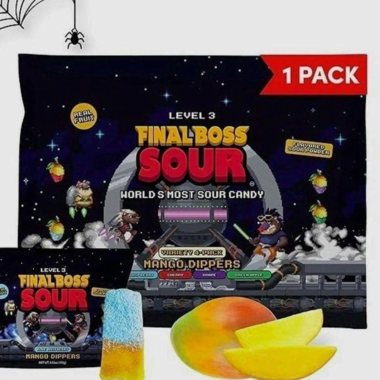 Final Boss Sour Fun Dip, Blue Raspberry, 1 Pack, Level 3, Extreme Super Sour Powder with Real Candy Tasting Dried Mangoes, All Natural 80s & 90s Party Candy, Snack for Kids, Teens, Adults & On the Go